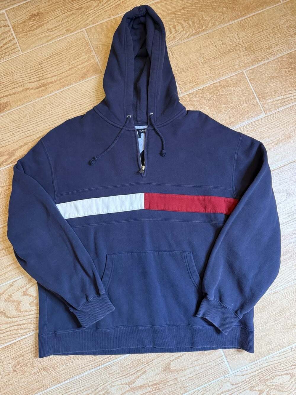 Vintage Tommy Hilfiger Half Zip Hoodie Size L Navy Blue Red White